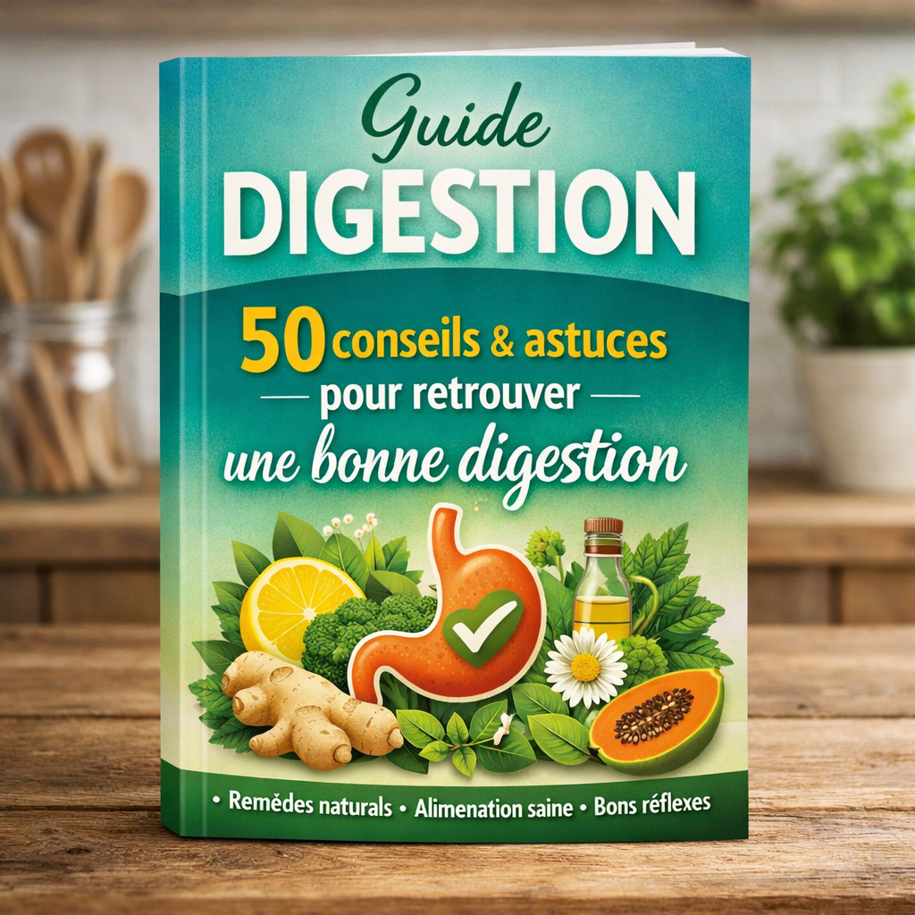 cre pour moi une image qui montre un livre appel Guide Digestion et intitul 50 conseils  astuces pour retrouver une bonne digestion
